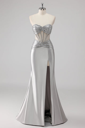 Grey Strapless Satin Mermaid Beaded Long Prom Dress with Slit
